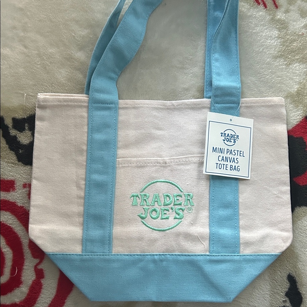 Mini Pastel Canvas Tote Bag - Light Blue & Cream